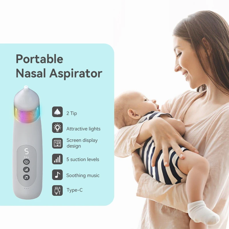 Portable 65kpa Built-in Music & Light Soothing 5 Suction Levels Newborn Nose Sucker Food Grade Baby Nasal Aspirator for toddlers