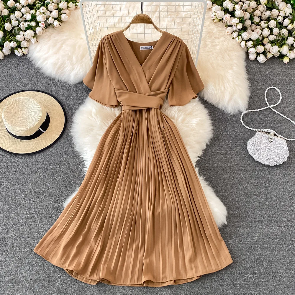 summer short sleeve evening Vintage V neck dress fashion Casual pleat high waist dresses for women