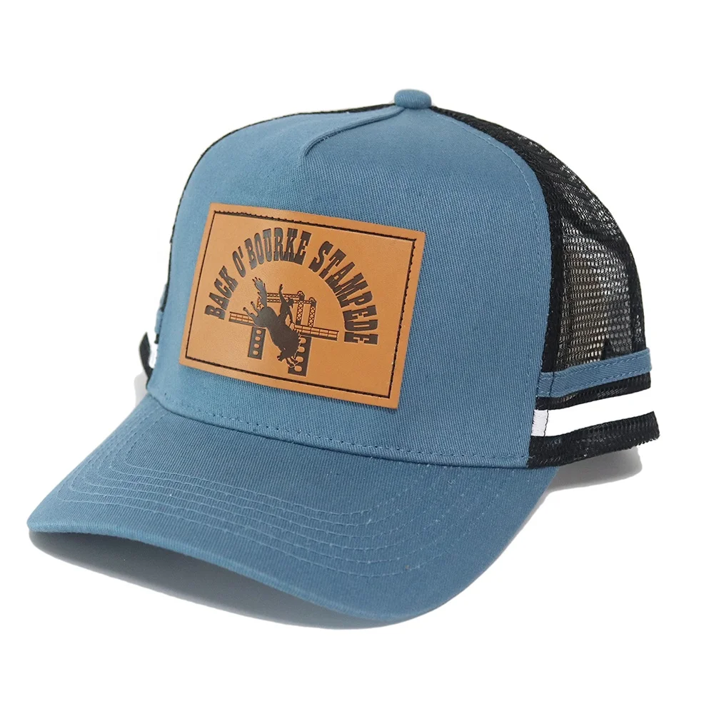 Hot selling Mesh cap 5 panels trucker hat 100% cotton fabric custom design with leather patch wholesale trucker mesh cap