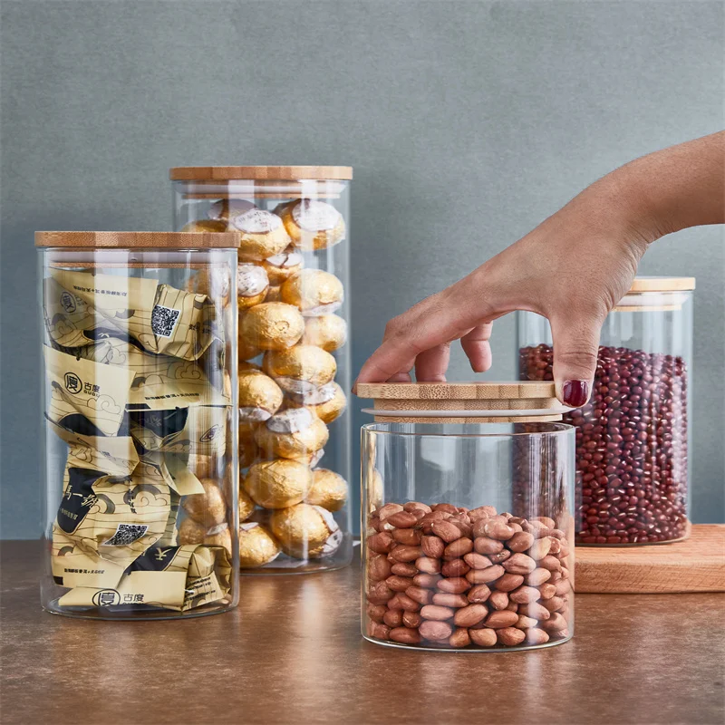 
A set of glass storage Glass jar with sealed bamboo lid for pasta flour tea sugar etc with labels pens Storage 