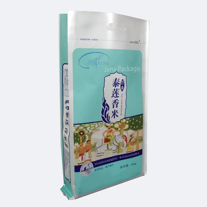 Jane Package Factory wholesale Custom Printing Plastic Heat Seal food flour nylon 10kg 50kg 25kg packing rice bag