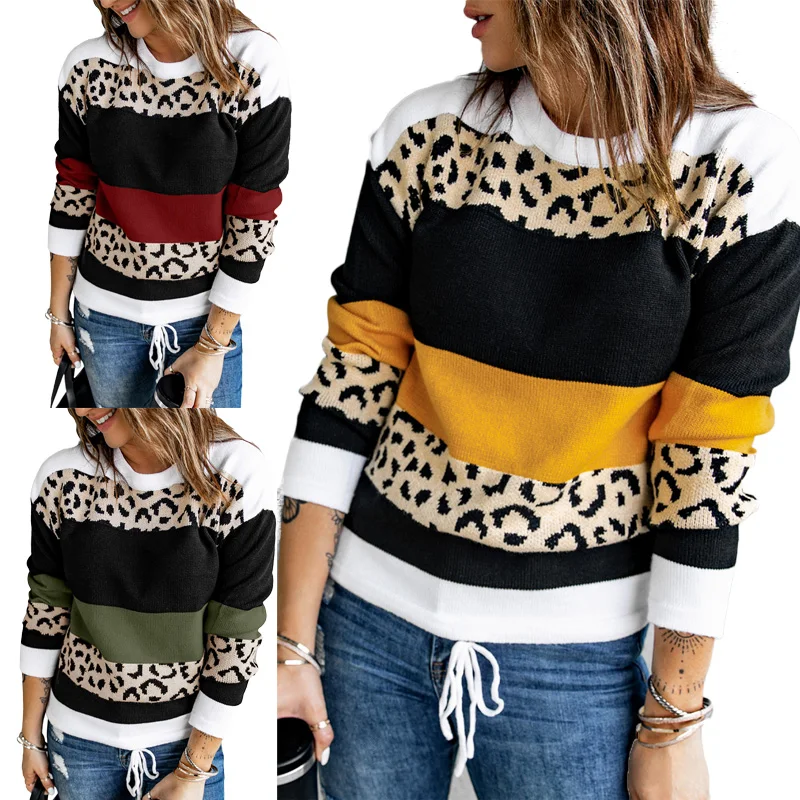 2021 High Quality Crewneck Leopard Color Block Loose Knitted Pullover Sweater