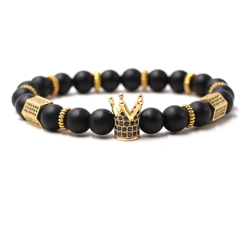 Classic Micro Pave CZ Crown Charm Bracelet For Women Natural Tiger eye Howlite Stone Bracelet For Men Gift Jewelry