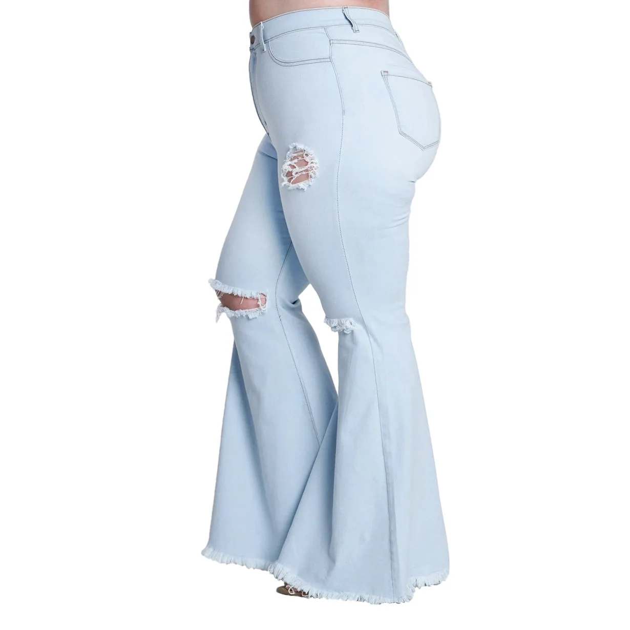 
Fashion plus size High waist stretch butt lifting distressed knee hole denim baggy wide leg flare jeans pants 