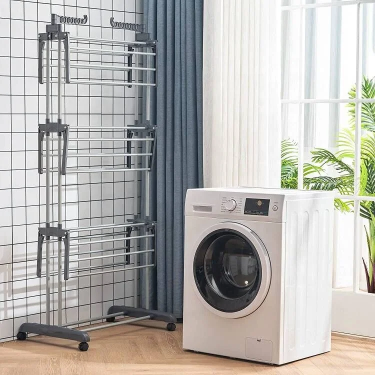 3 layers stainless steel portable fordable clothes drying airer, 3-Tier Collapsible, Rolling, Laundry Dryer indoor & outer door