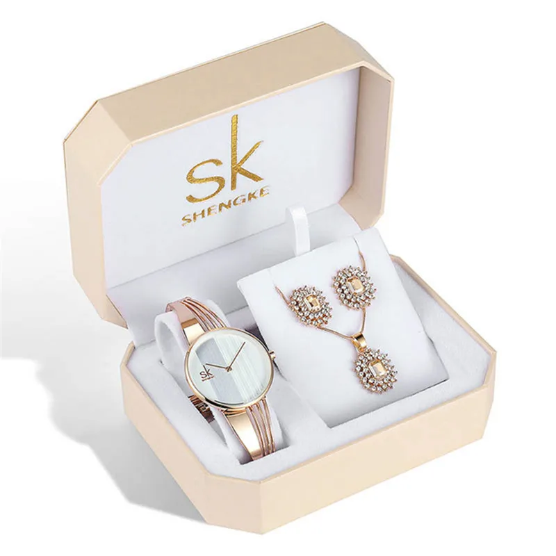 Shengke Brand 12 Styles Charm Women Jewelry Set Rose Gold Steel Quartz Watches Crystal Necklace Earring Set Ladies Fashion Gift