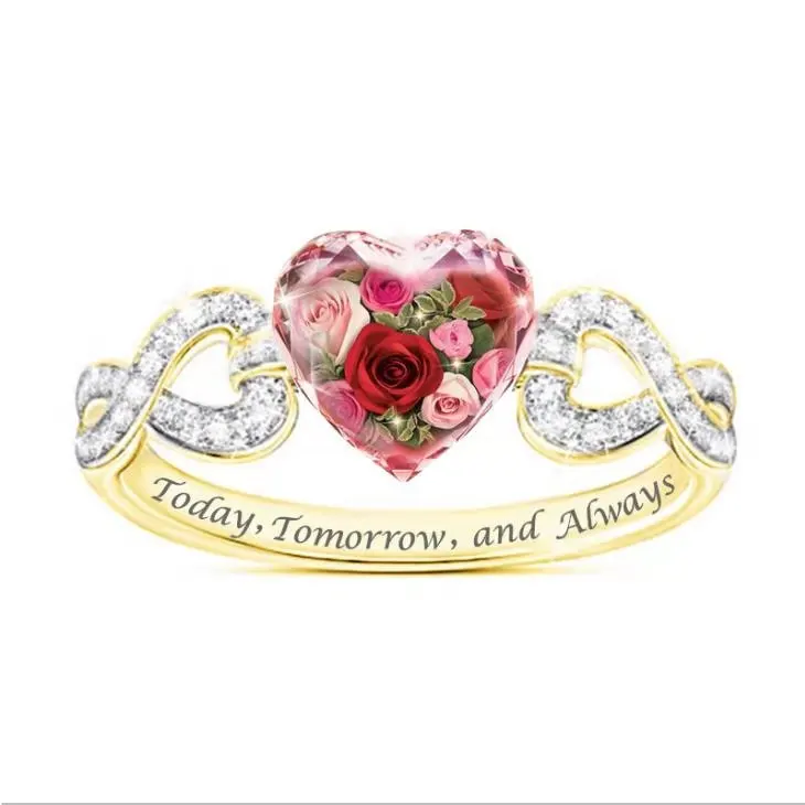 
copper wedding rings romantic jewllery European and American style Diamond Rose Ring heart gold ring 