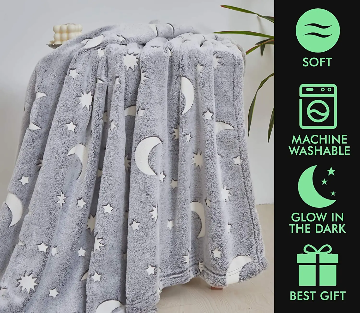 Grey Moon Star Personalized Gifts for Girls Boys Glow in The Dark Blanket
