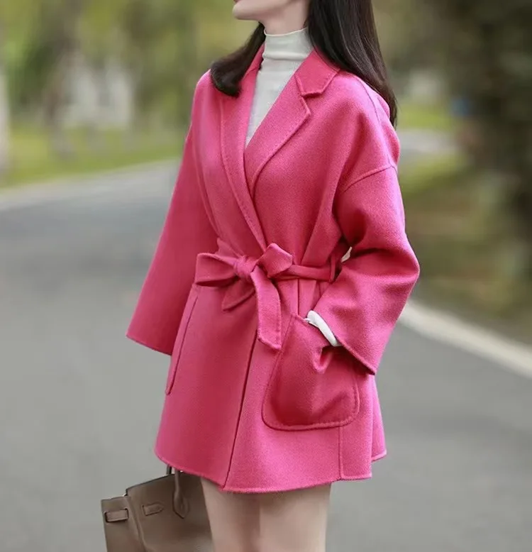 Fashion Turn Down Collar Cashmere Coat Custom Women Belted Long Style Korea Wool Coat