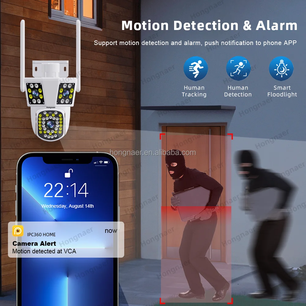 Hongnaer 12MP 3 Video Smart Outdoor Wireless PTZ Surveil IP Camera 6K IPC360 Home WiFi Three Lenses Network CCTV Security Camera