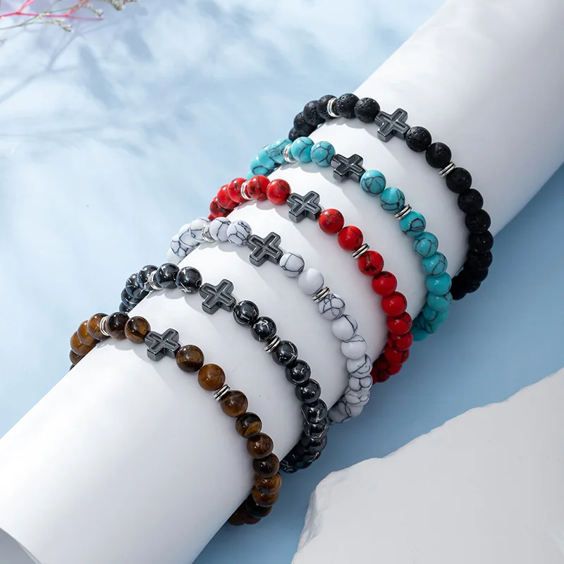 Zinc Alloy Natural Stone healing gemstone beads bracelet Cross Bracelets fashion jewelry