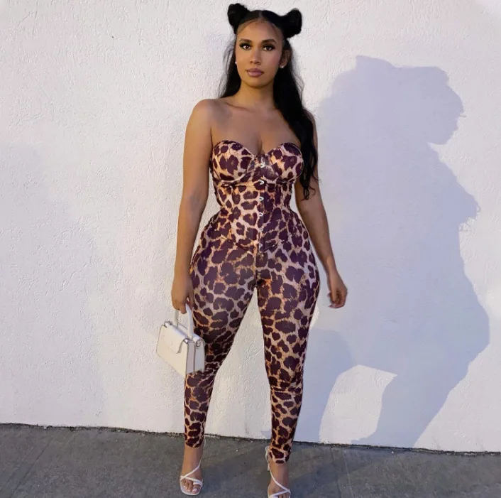 
Tube top concealed buckle vest + trousers leopard print sexy casual suit 