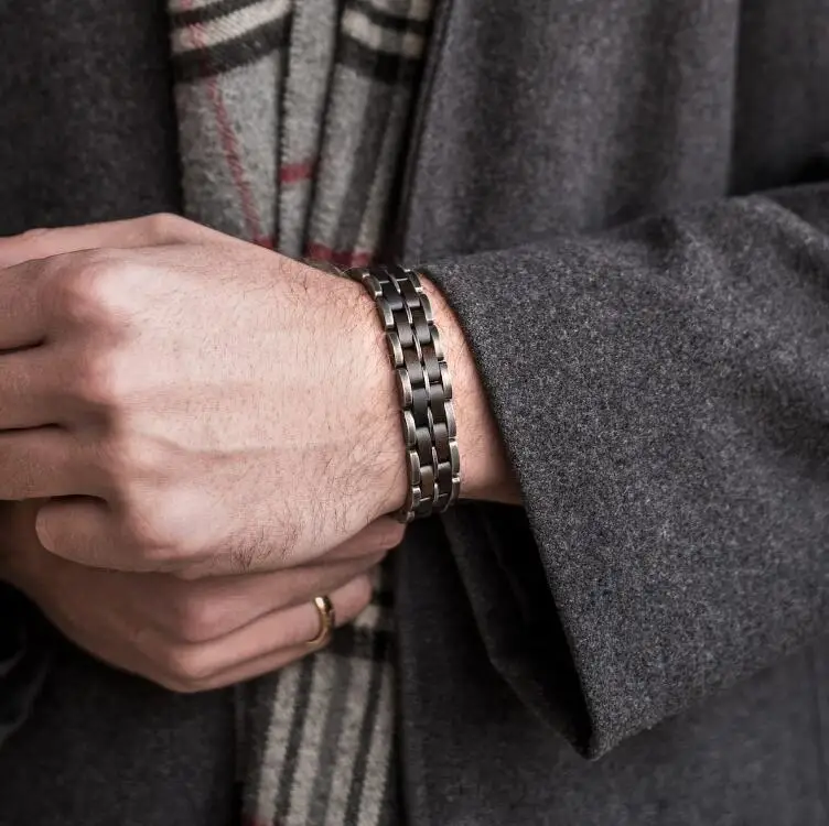 Unique Amazing Mens Link Bracelet Antique Silver Stainless Steel Ebony Hawaiian Handmade Wood Bracelets For Men