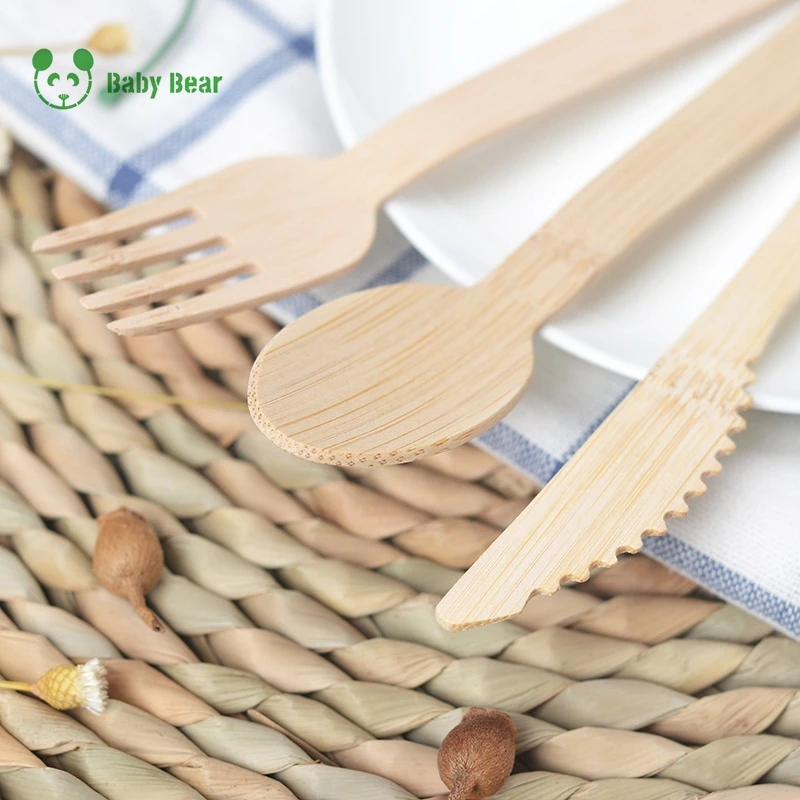 Baby bear manufacturers disposable natural environmental bamboo spoon knife and fork cutlery set kitchen utensils