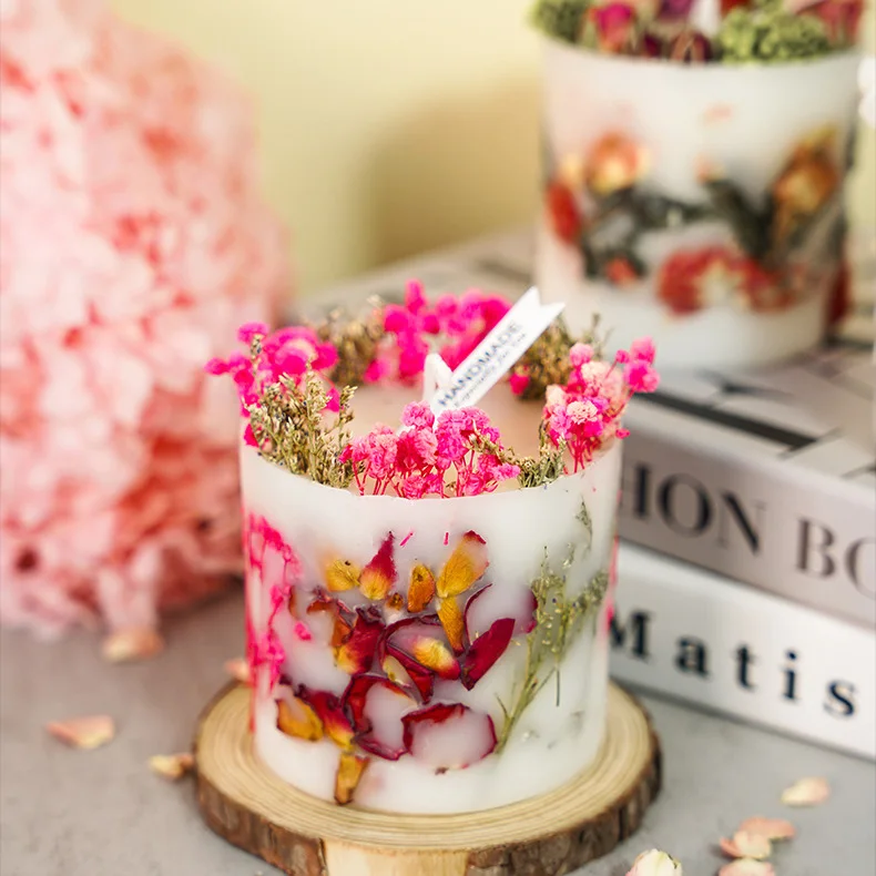 Romantic Rose Dried Flowers Cylinder Aromatherapy Luxury soy wax scented candle with  dry flower