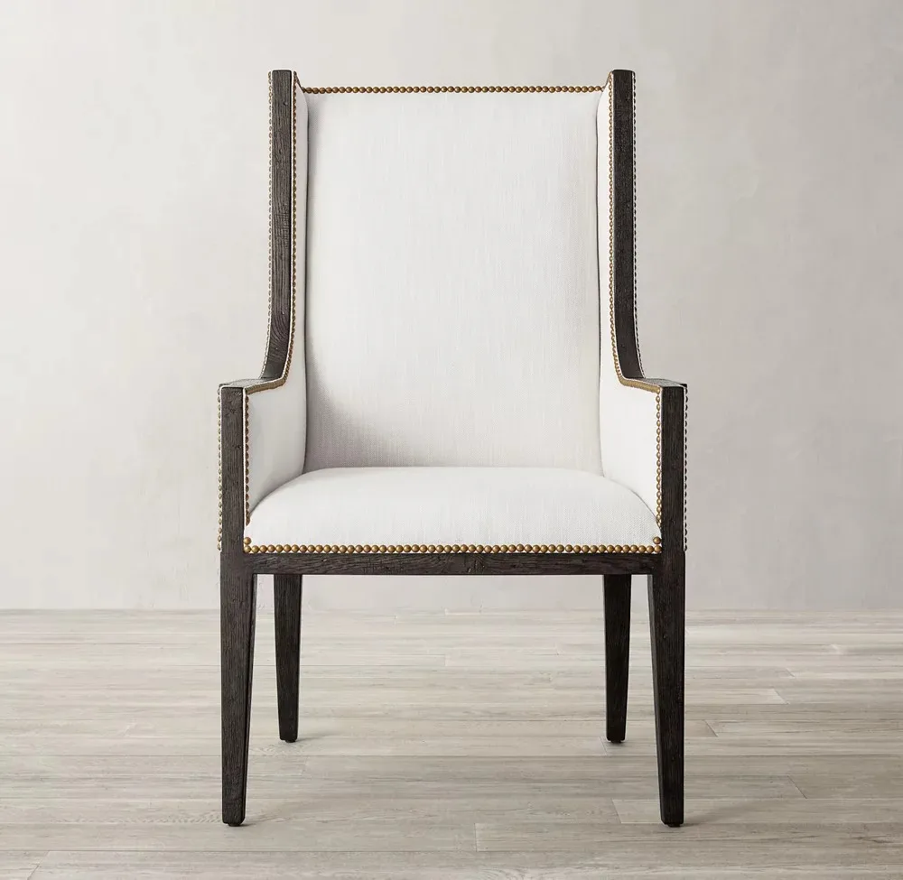 1950s Nailheads Deco High Back Upholstered Black Oak Dining Chair