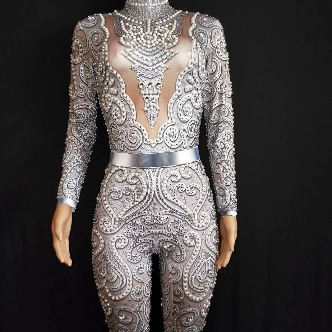 Singer birthday party wear show  Spring 2022 Silver Diamond Pearl jumpsuit Dance club Clothing Bodysuit Maternity Clothes