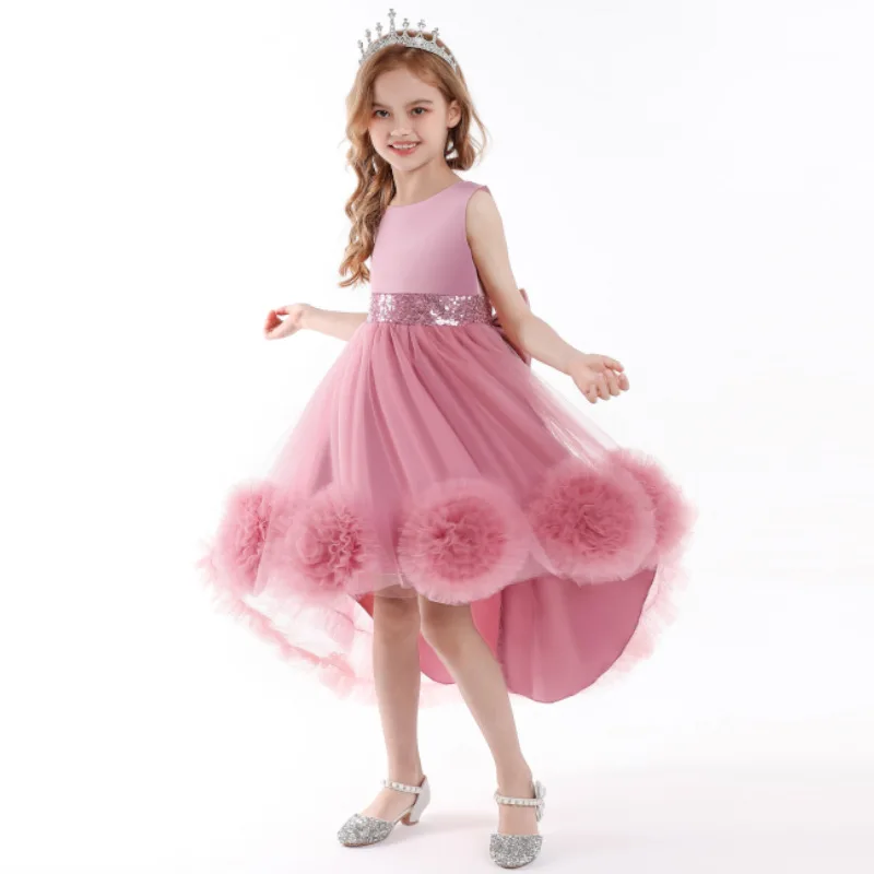 Western Style Tailed Girl Wedding Dress Elegant Amazon Hot Sale Design Sleeveless Gauze A-line Solid Color for Children Girl