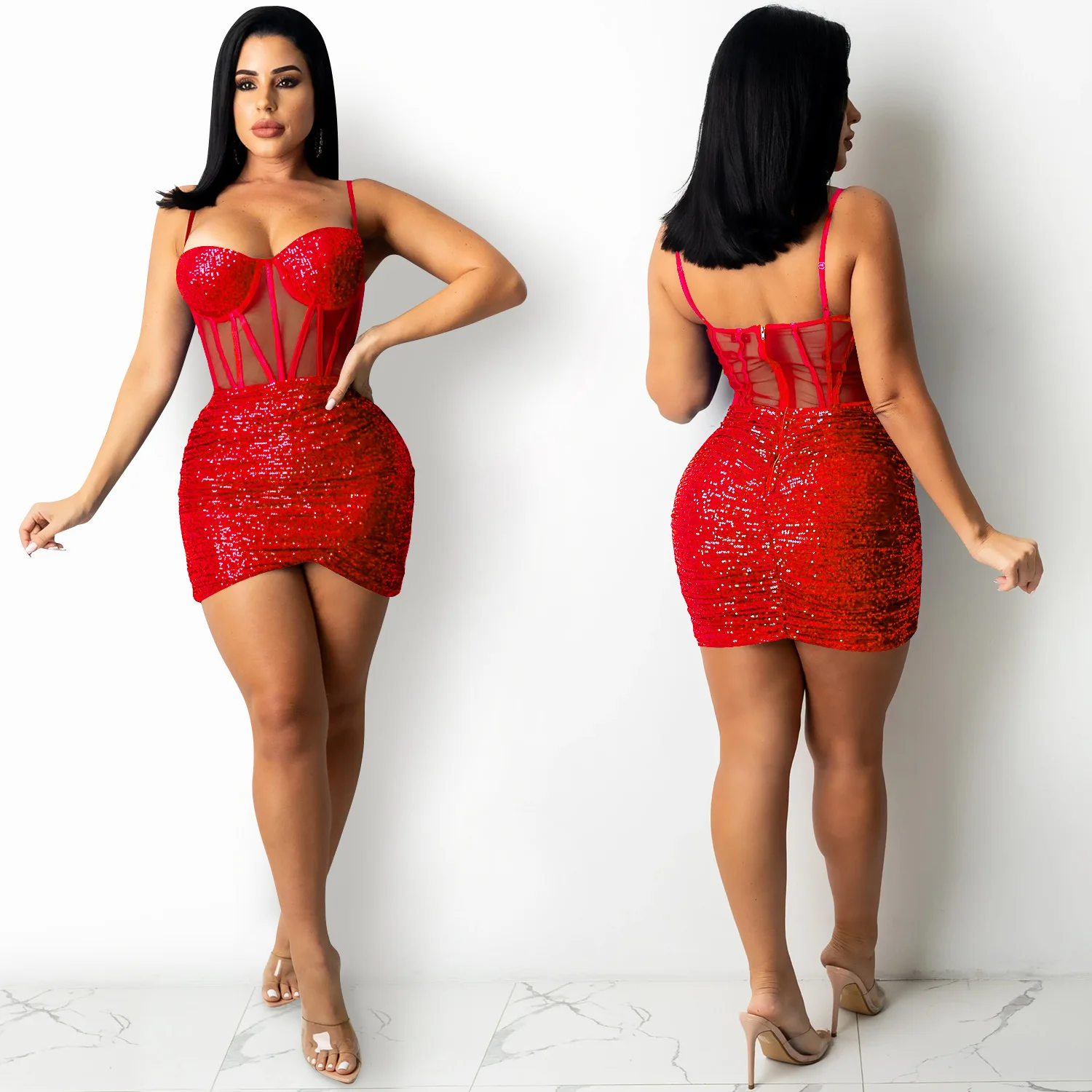 Plus size women spaghetti strap mini tight dress 2022 summer sequined sexy girl pretty see through party dress