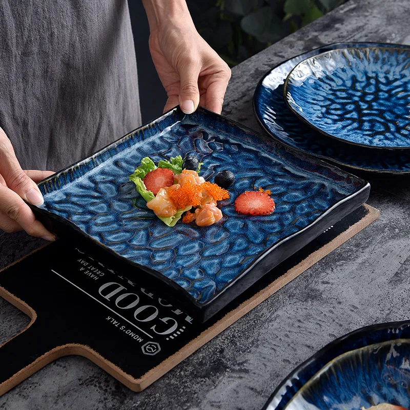 Wholesale luxury new products, blue relief plates, modern design ceramic kiln turned ceramic tableware