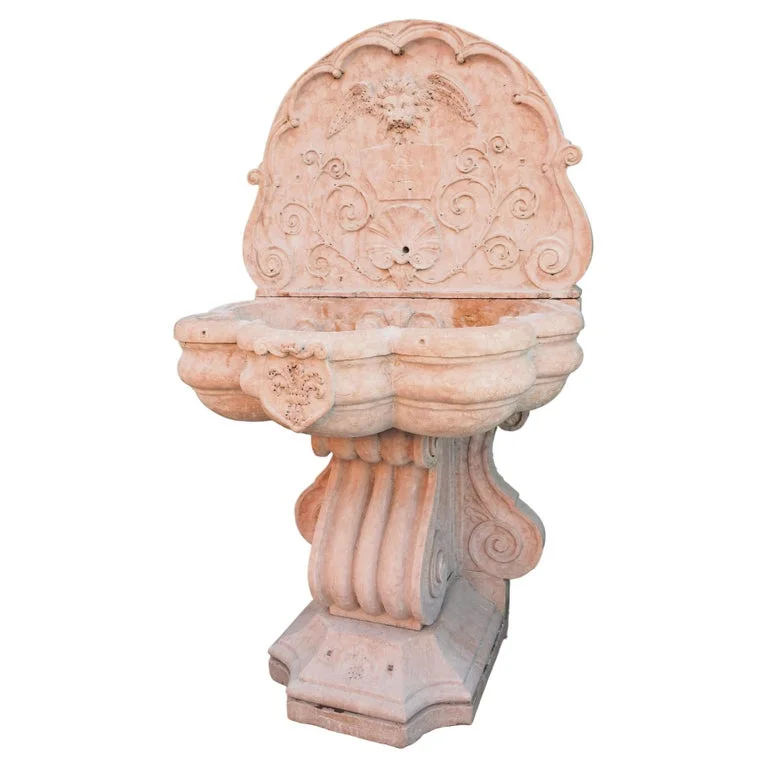 SHIHUI Antique Renaissance Style Monumental Italian Early 1900s Carved Verona Rossa Marble Wall Fountain