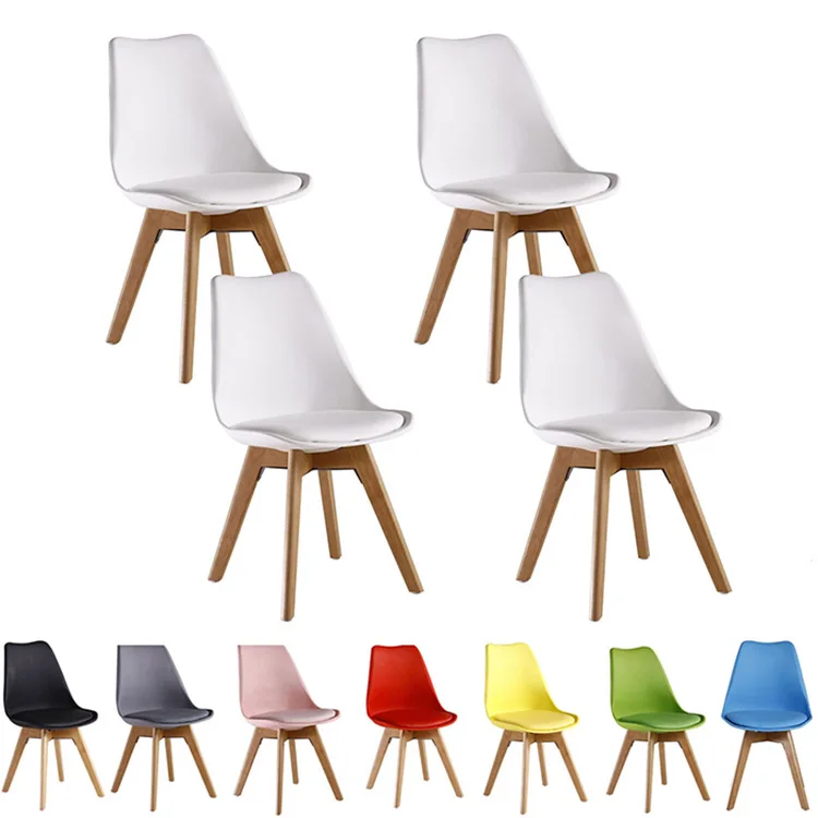 
mid century nordic decoration home plastic cushion leather dining chair with solid wood cross legs 
