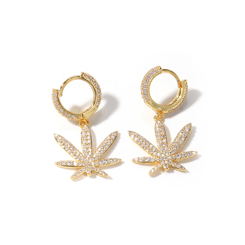 Hip hop Fashion Fine Jewelry Unisex Paved CZ Iced out Maple Leaf Dangle Hoop Earrings Stud Punk Hoop Earrings For Gift