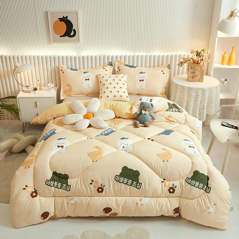 Printed flat seam spring and autumn quilt Concise Design Duck Feather  Quilt Duvet Single Double Cotton Bedding Feather Silk