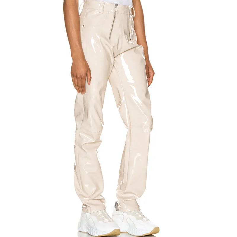 Men New Fashion Long Street Wear Trousers Pants High Waisted Vinyl Drawstring Flat Daily PU Pockets OEM Service 100% Polyester