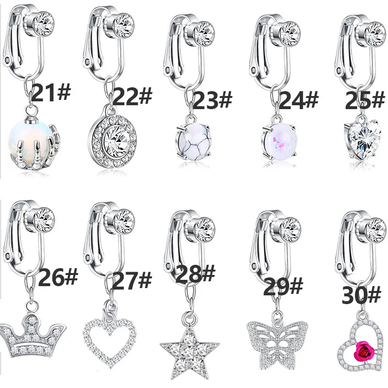 YICAI Crystal Heart Butterfly Dangling Navel Rings CZ Clip on Earring Non Piercing Dangle Fake Belly Piercing Jewelry