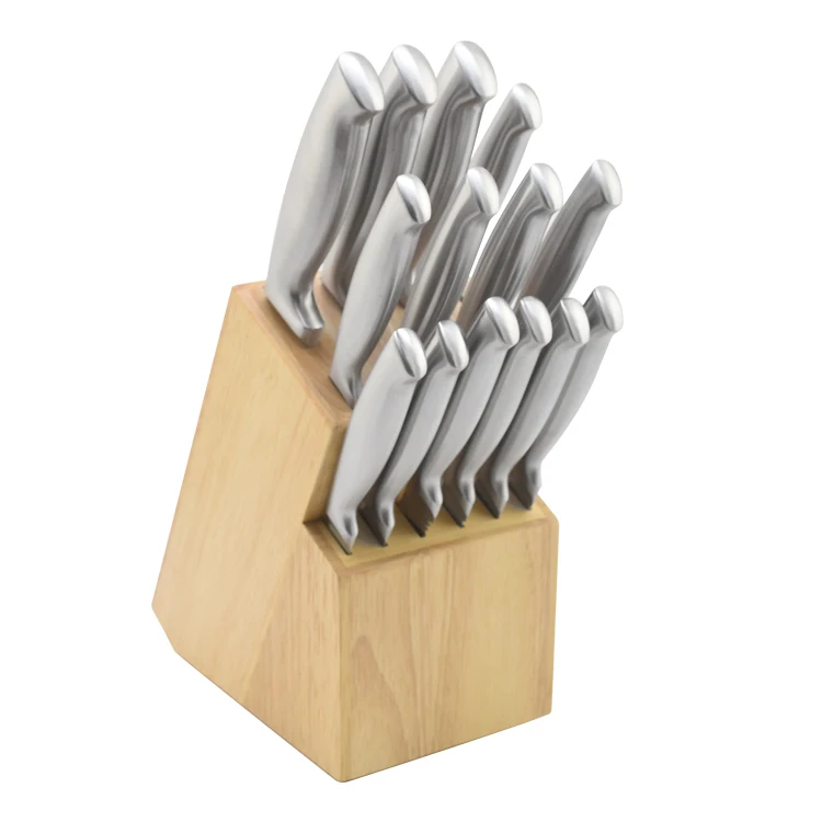 Premium quality Metal handle 15 Piece Large Knife set Kitchen with wooden block and steak knifes