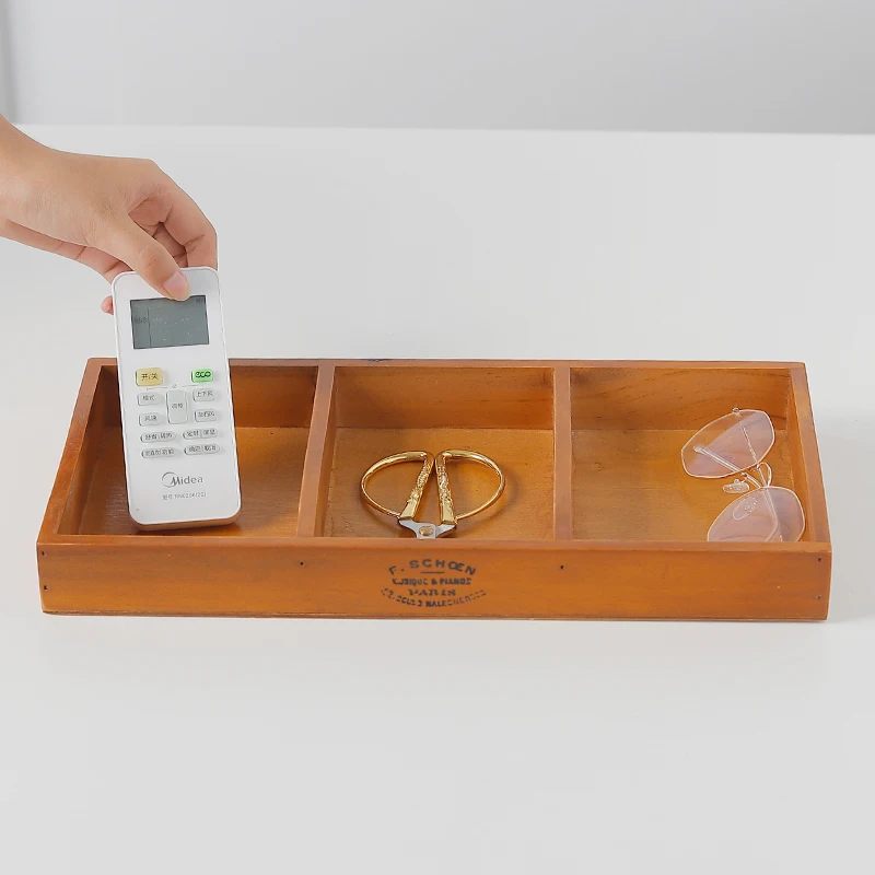 Ready to ship wholesale retro style 3 grid wooden pallet home office desktop sundries organizer storage box trays for serving