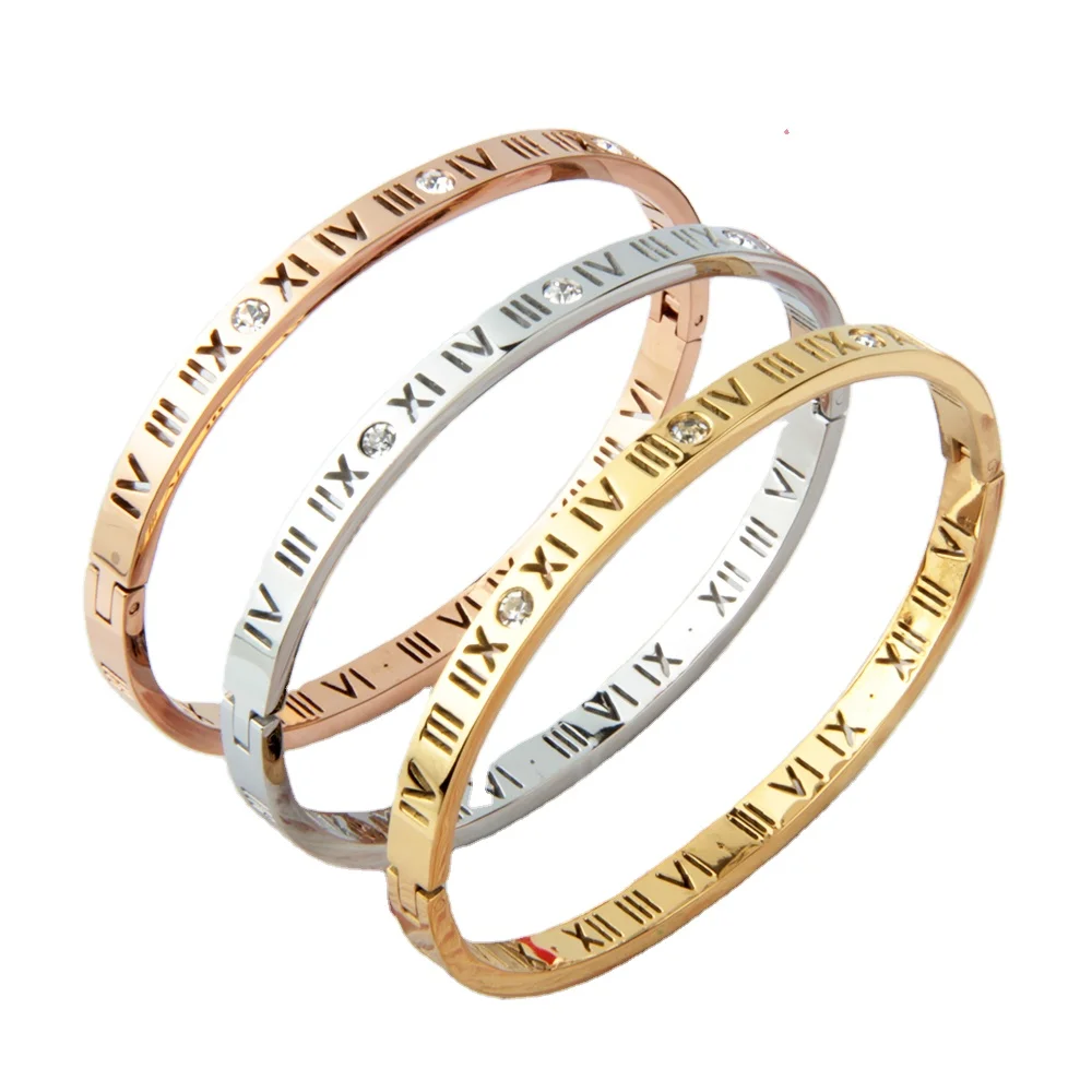 Fashion Hot Selling Gift Accessory Hollow Roman Digital Diamond gold Rose gold stainless steel lady bracelet