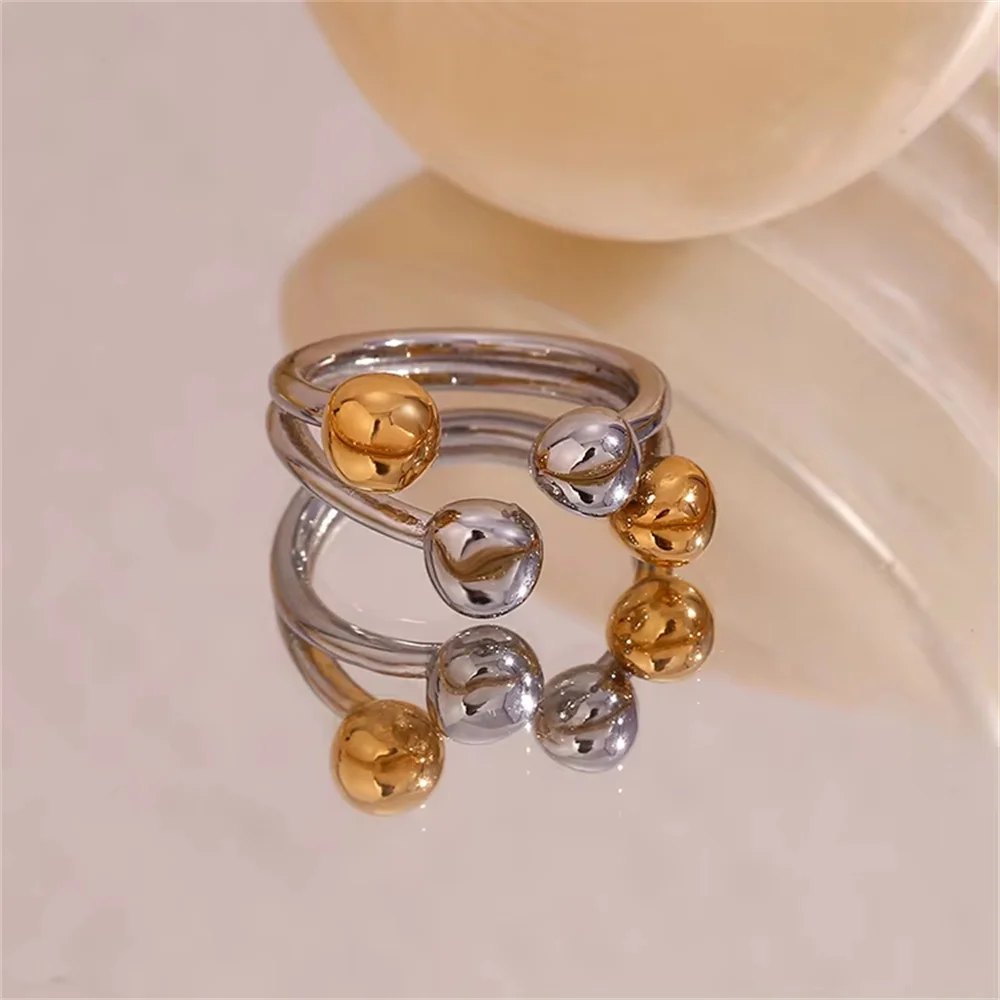 18K Gold Plated Stainless Steel Trendy Personalized Two Tone Open Ball Adjustable Circular Heart Ring Jewelry