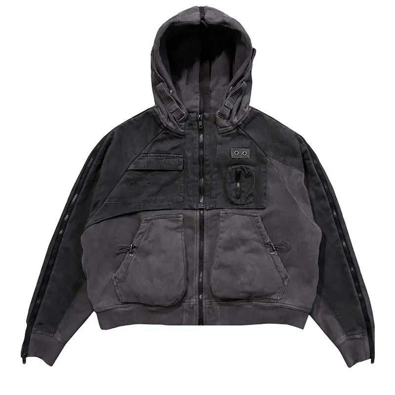OEM Custom Heave Thick 500 GSM French Terry Mixed Fabric Washed Hip Hop Full Zip up Layered Paneled Hoodies