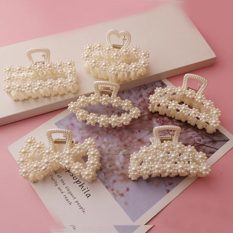 Go Party Wholesale Plastic Resin 7.5cm/8cm Large Metal Hair Clip Claw Pearl Grab Clip Big Hair Clips For Women Girls Hairpin