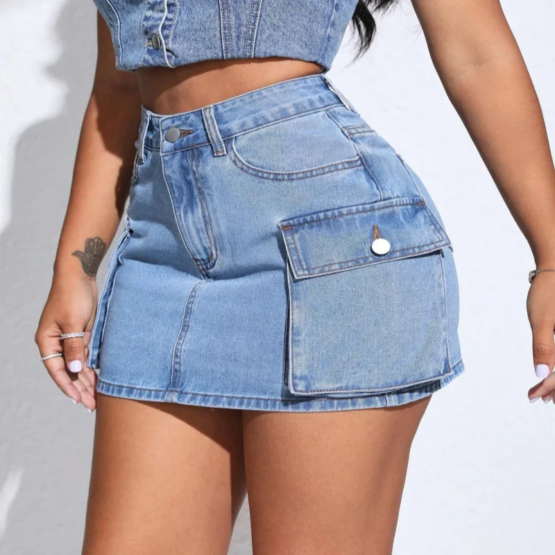 Custom Women Cargo Skirts Fashion Mini Short Jean Skirts Body-con Low Waist Denim Skirt with Pockets Casual
