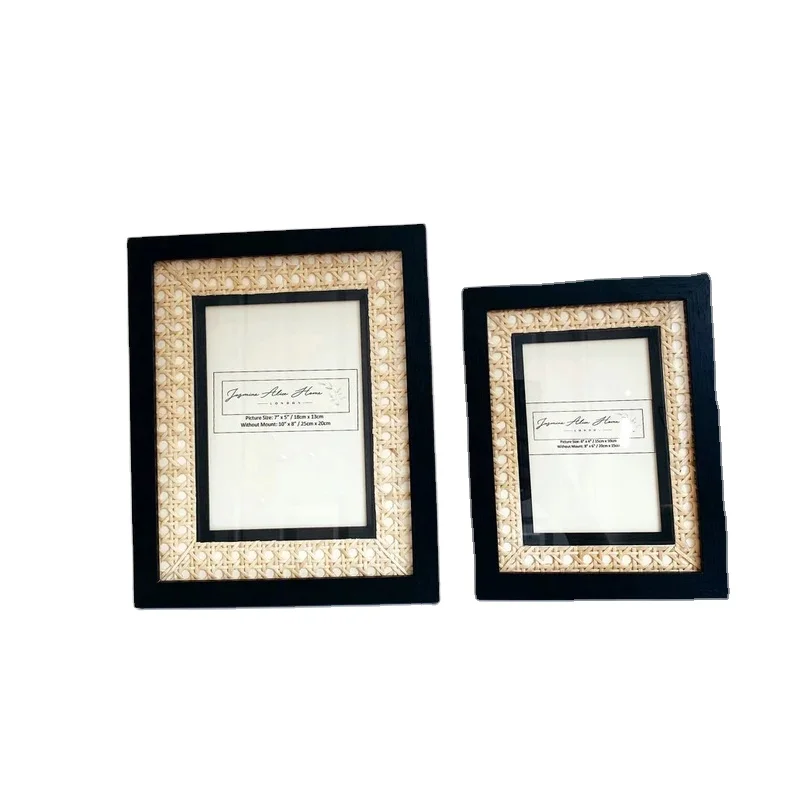 Handmade Caning woven Rattan Picture Frame Matte Black Rattan Photo Frame