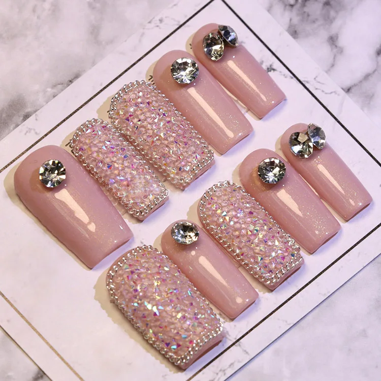 Free Shipping Luxury Private Label Press On Nails Handmade Custom Thick Acrylic Nails With Rhinestones Artificial Fingernails