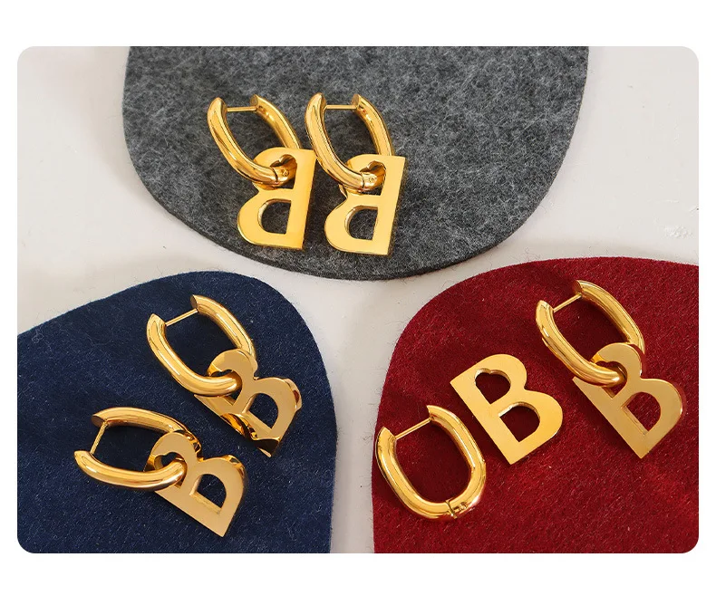 Waterproof Luxury Personality Wholesale 316L Stainless 18K Gold Plate Letter B Huggie Earring For Girls