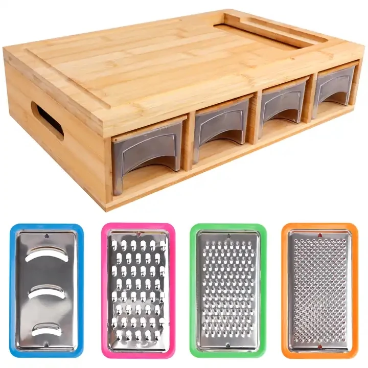 Bamboo Cutting Board With Food 4 Containers Storage Multifunctional drawer Wood Chopping Board