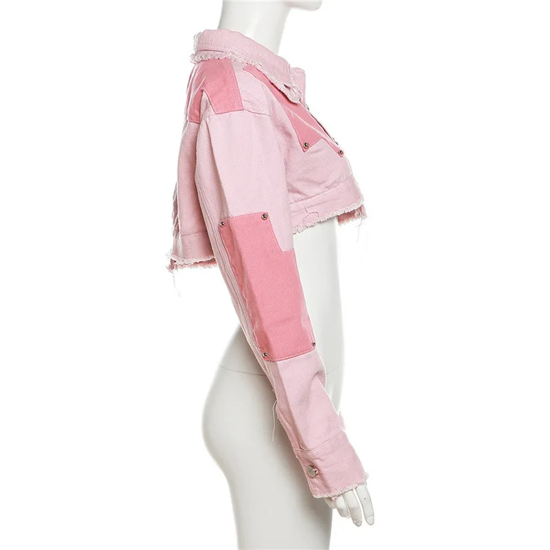 patchwork crop jacket and mini skirt pink denim jeans streetwear loungewear 2 piece set fall 2024 women clothes