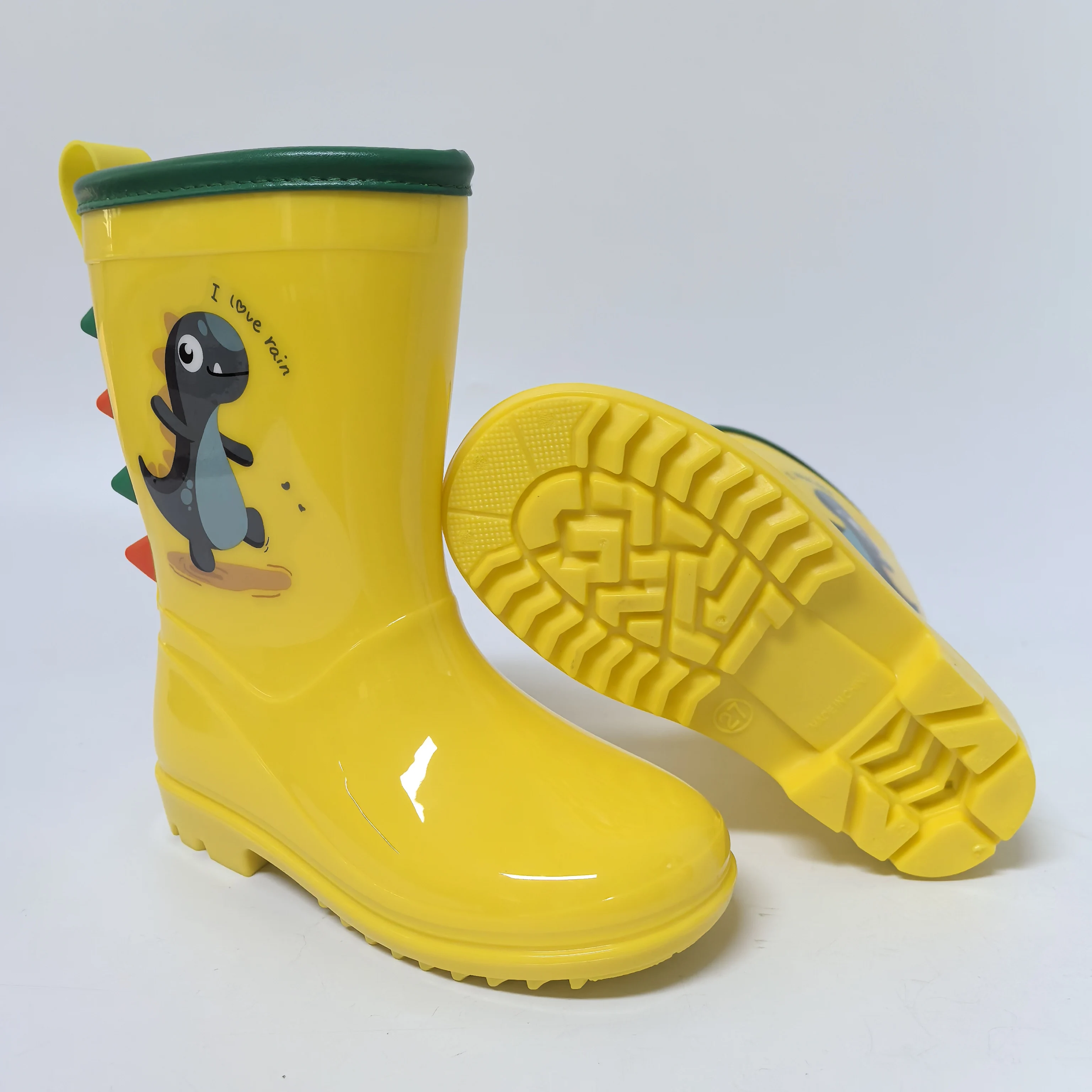 Yellow dinosaur Kids PVC water proof boots colorful topline transparent 3D girls