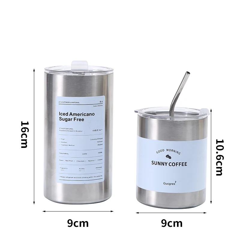 12oz Straight Mugs Ice Coffee Tumbler Stainless Steel thermos  Insulated Coffee Tea Mug Beer Drinking Cup  With Straw Lid