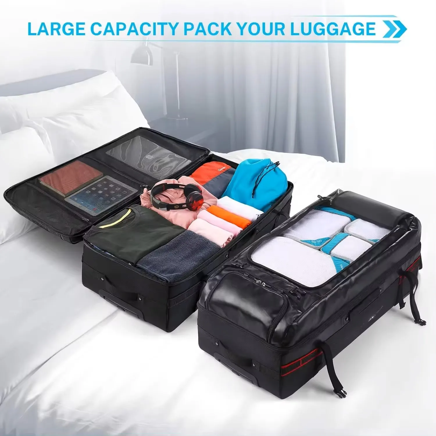 BSCI Large Waterproof Soft Roller Camping Trolley Luggage Duffel Rolling Wheeled Gym Sports Duffle Travel Bag with Wheels