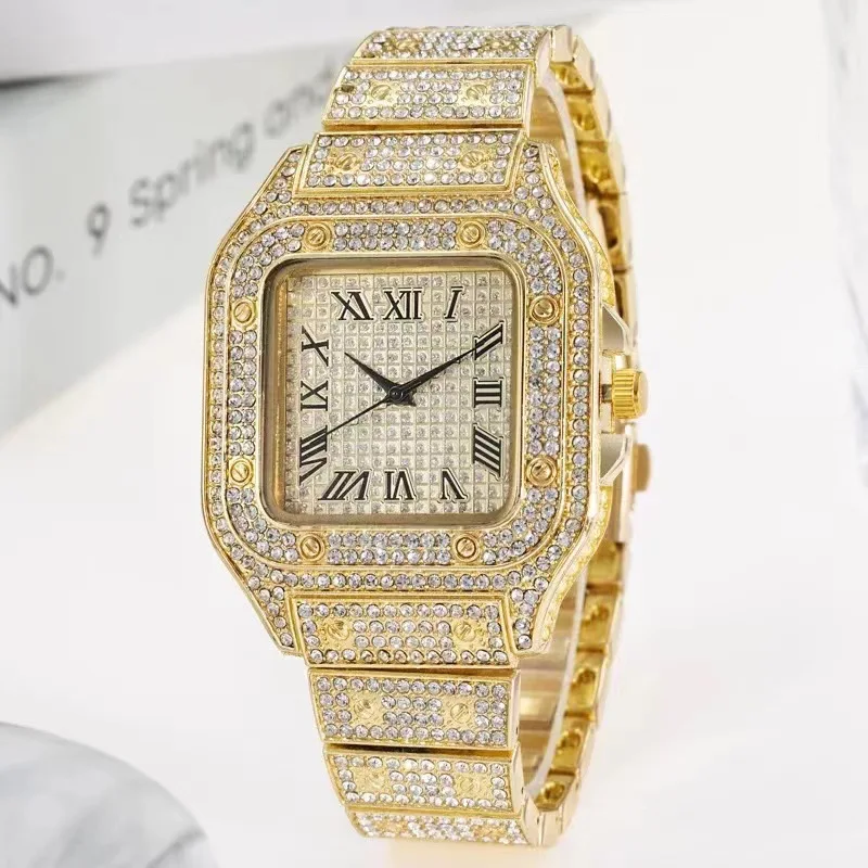 Square Watch Orologio al quarzo quadrato da uomo placcato oro 18K da polso unisex di lusso con e strass