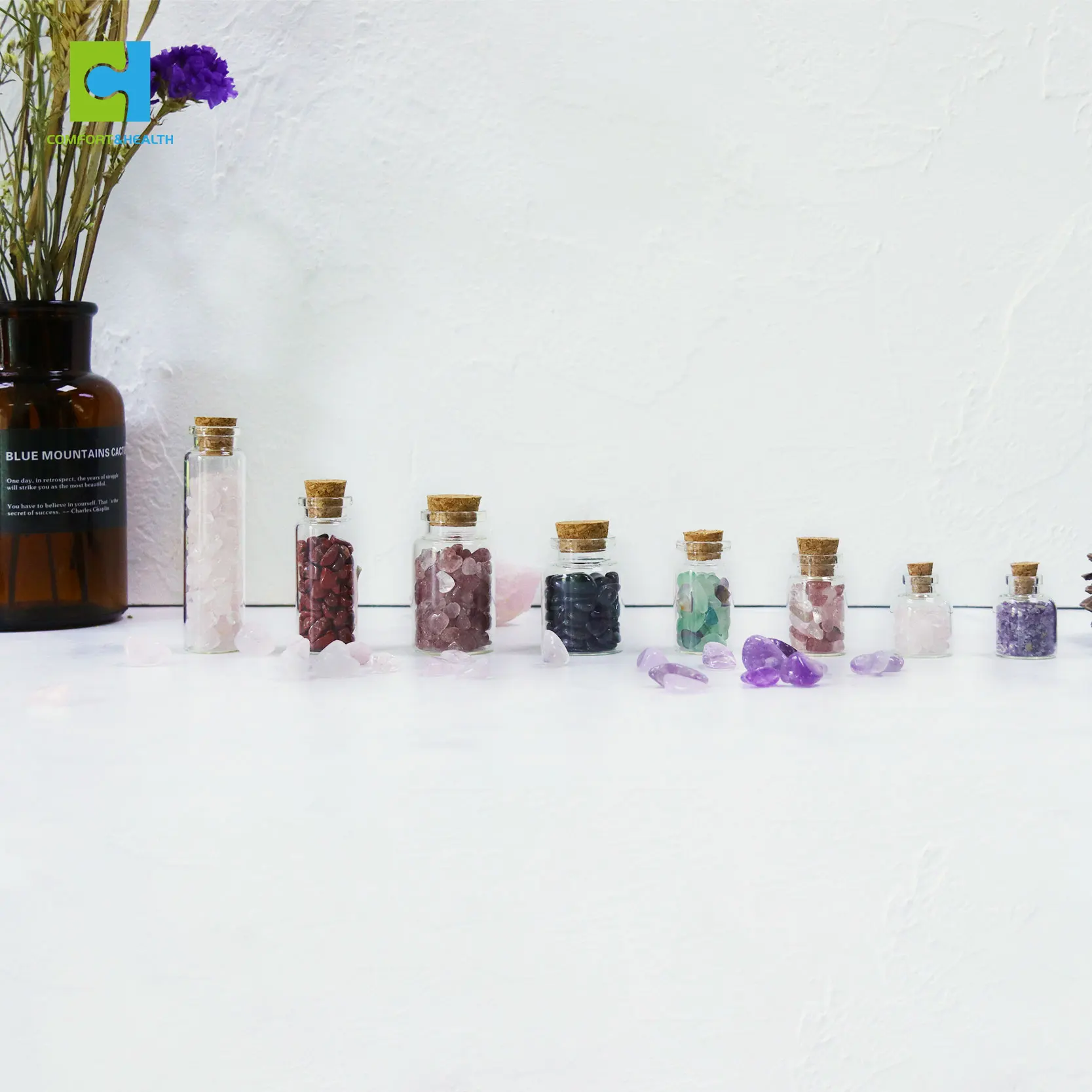 Gemstone Crystal Chips 100Ml Glassware Pudding Jars With Gemstone Chips Pudding Bottle Glass Wishing Bottle With Cork Lid