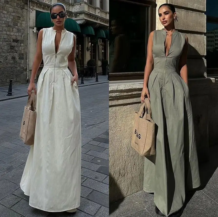 In Stock High Quality 2024 Summer Sexy Halter Charm Zipper Waist Insert Pocket White Sleeveless Tank Top Street Long  Dress
