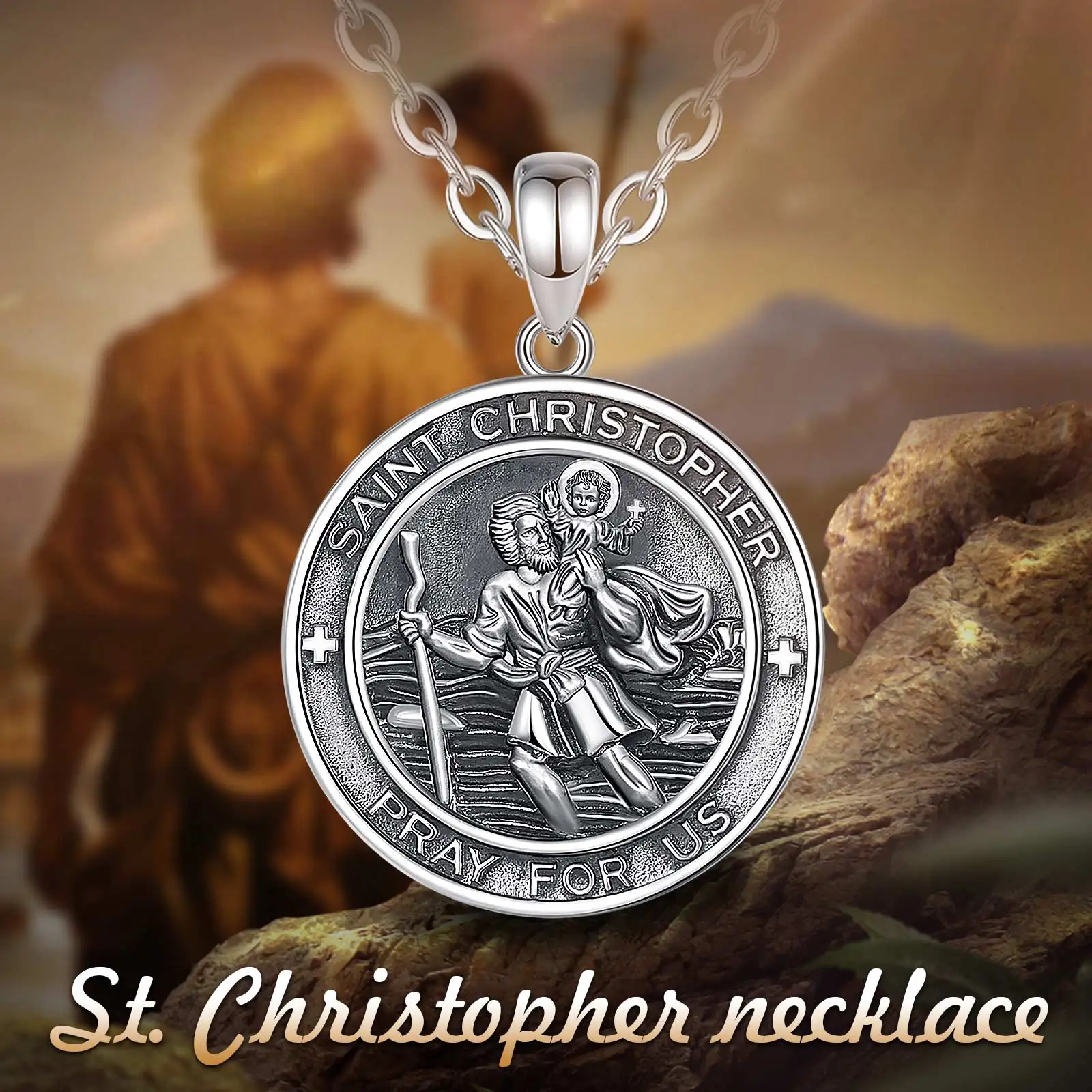 Changda 925 Sterling Silver Miraculous Medal Jesus Amulet Medal Jewelry Saint St Christopher Pendant Necklace for Men