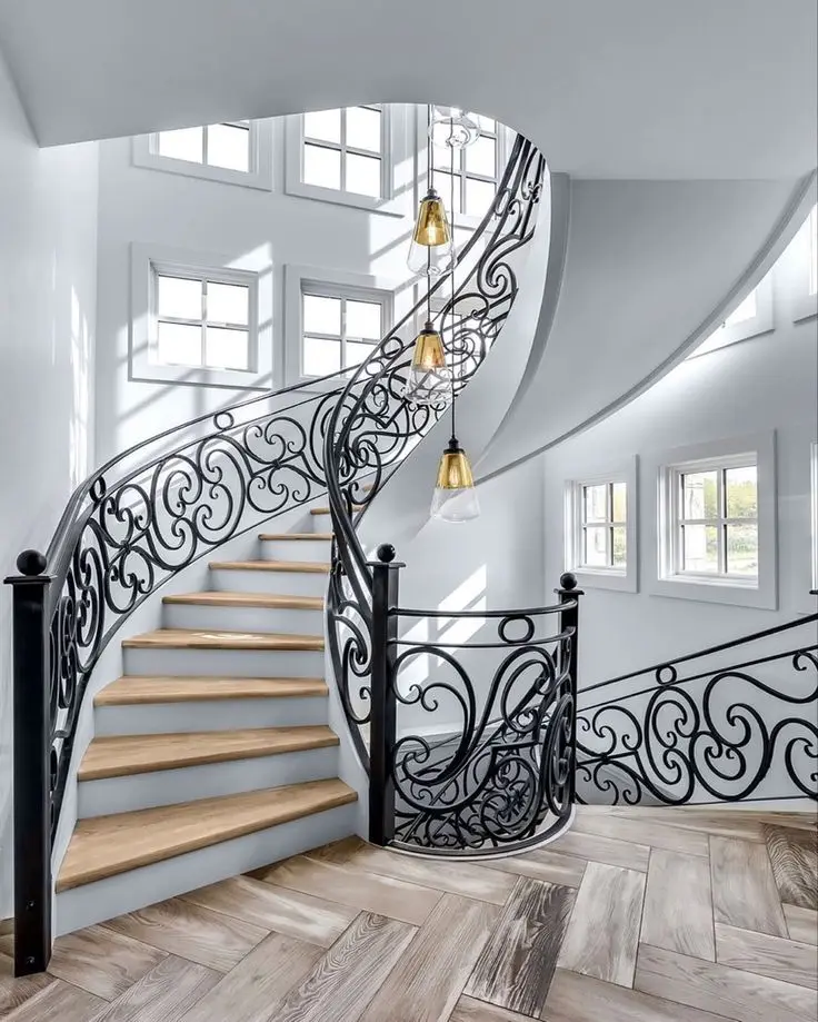 Elegant Black Wrought Iron Handrails for Indoor Stairs Custom Made Modern Design for Hotels Outdoor Usage Wood Glass Materials